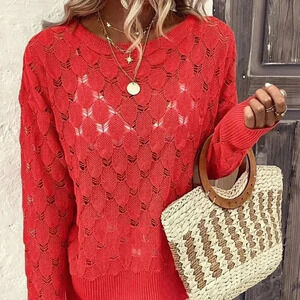 Red Boho Womens Solid Pointelle Knit Sweater